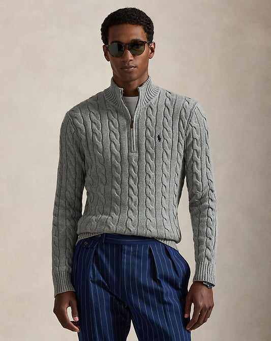 Cable-Knit Cotton Quarter-Zip Jumper Fawn Grey Heather